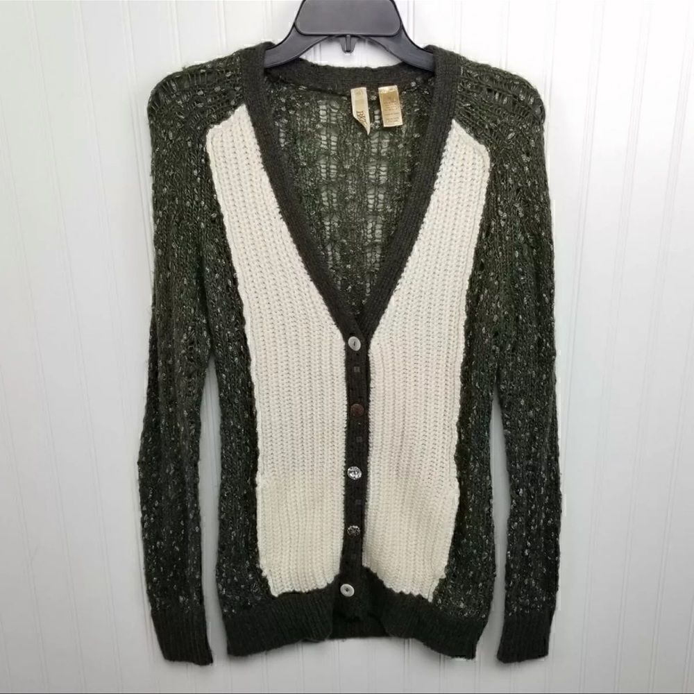 BKE Buckle Womens Size Medium Green Brown & White Knit Long Sleeve Cardigan